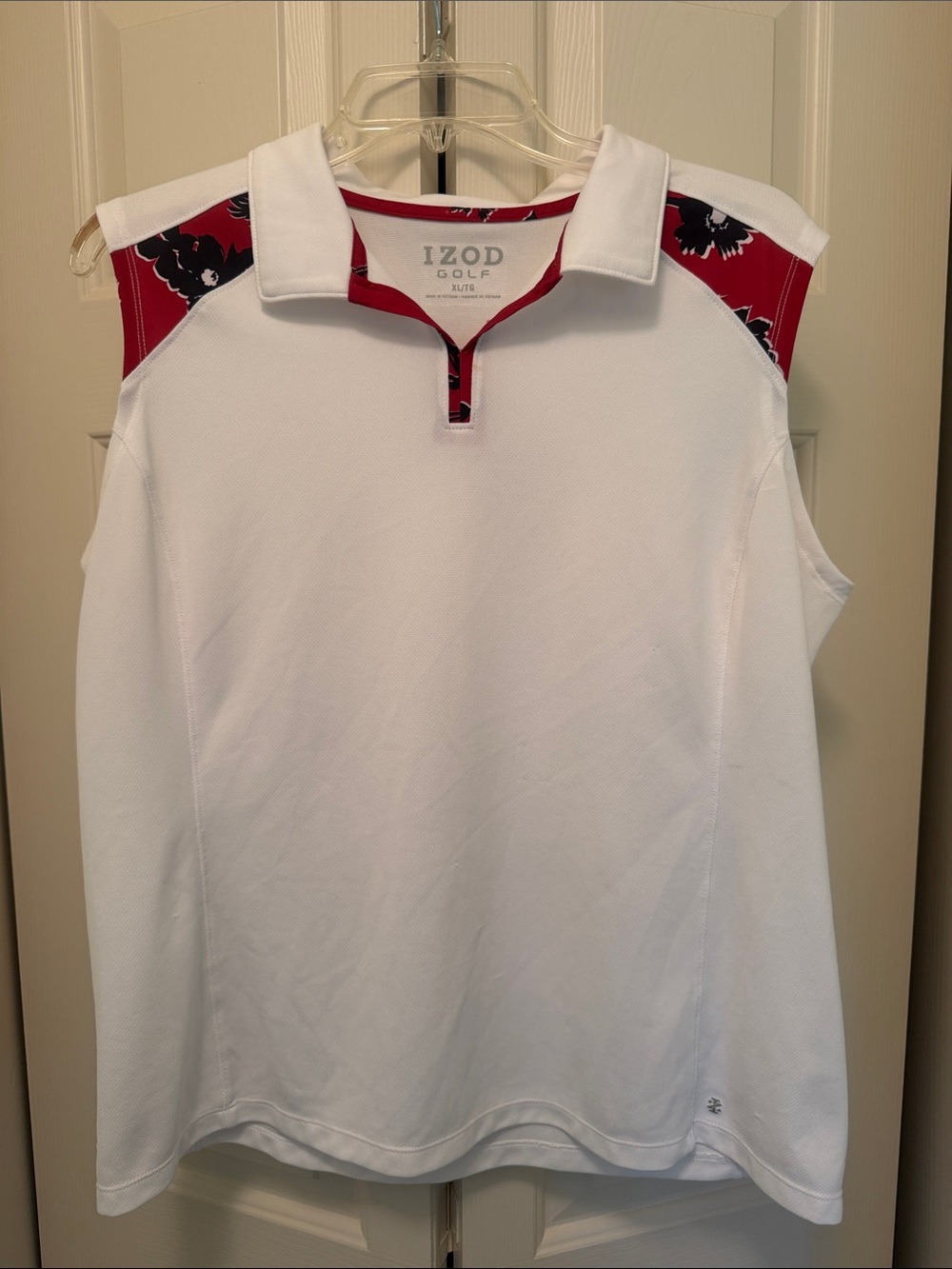 Izod White Sleeveless Polo Top with Red Floral Accents